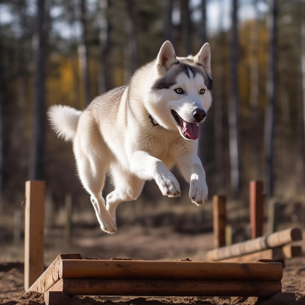 a siberian husky dog jumping over an obstacle in a training course