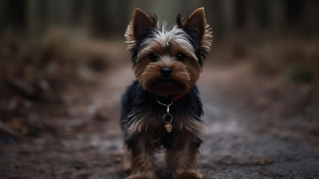 a cute Yorkie standing on a dirt road