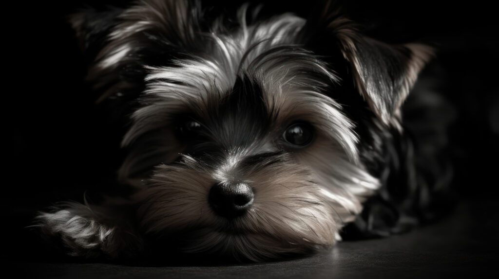 black and white photo of a Yorkie