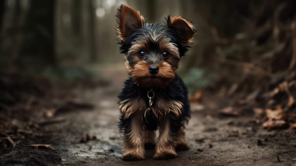 yorkshire terrier standing on a dirt path