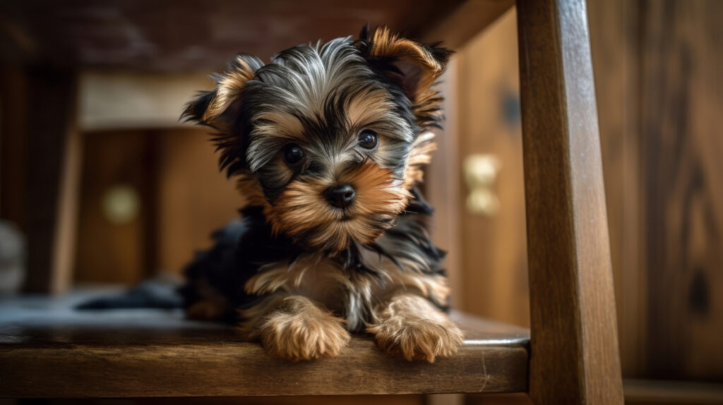 cute yorkie puppy laying on a wooden chair