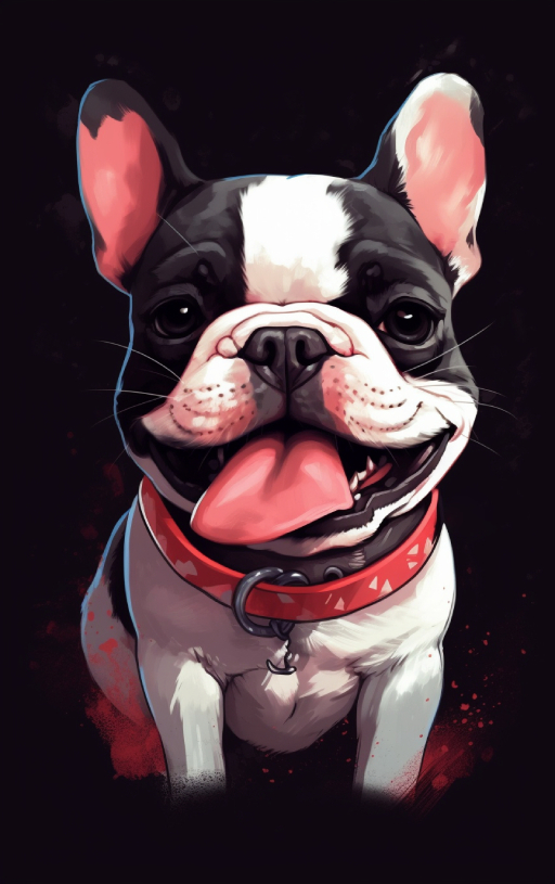 beautiful illustration of a black and white frenchie dog with a red collar and smiling happy