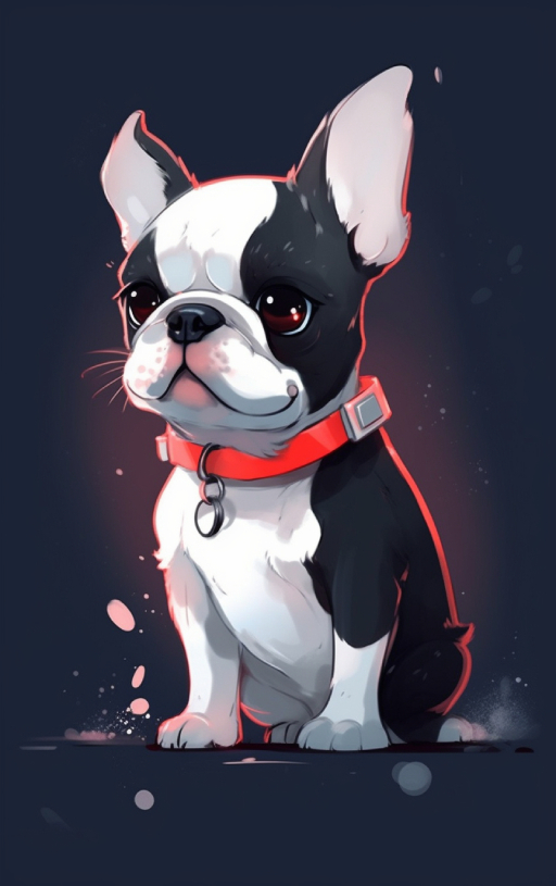 beautiful drawing of a black and white french bulldog sitting with a red collar, cartoon style