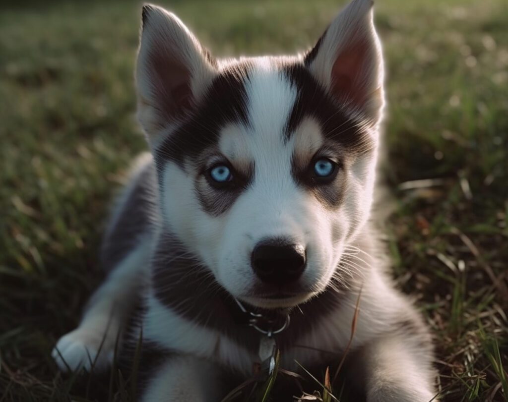 cute husky puppy with blue eyes laying on the grass