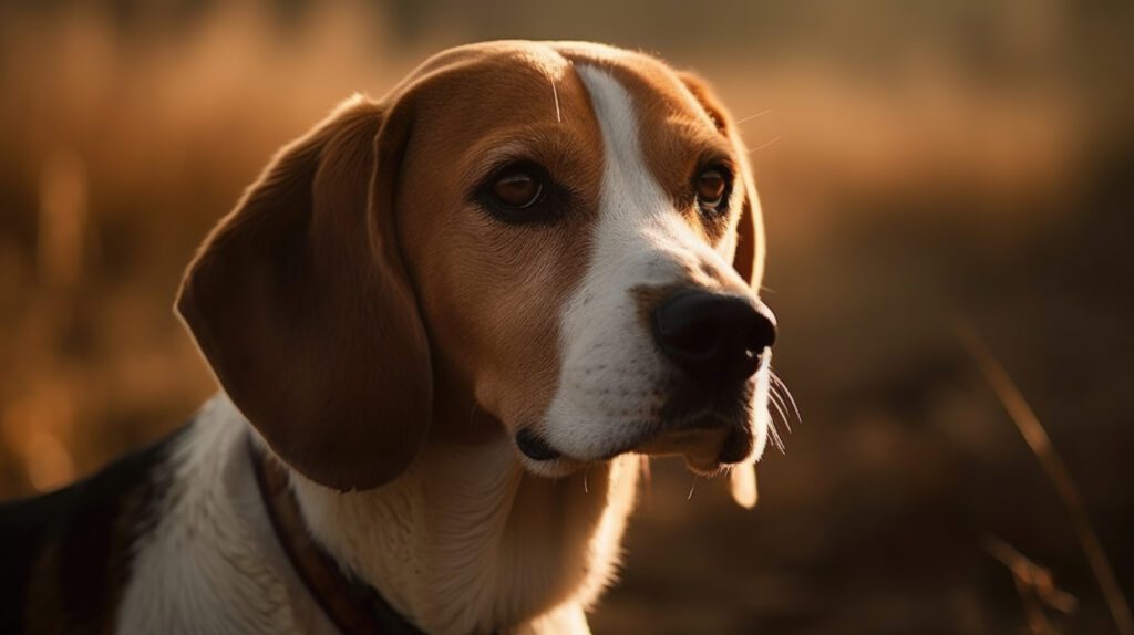 stunning closeup image of a beagle dog in a grassy field with sunlight