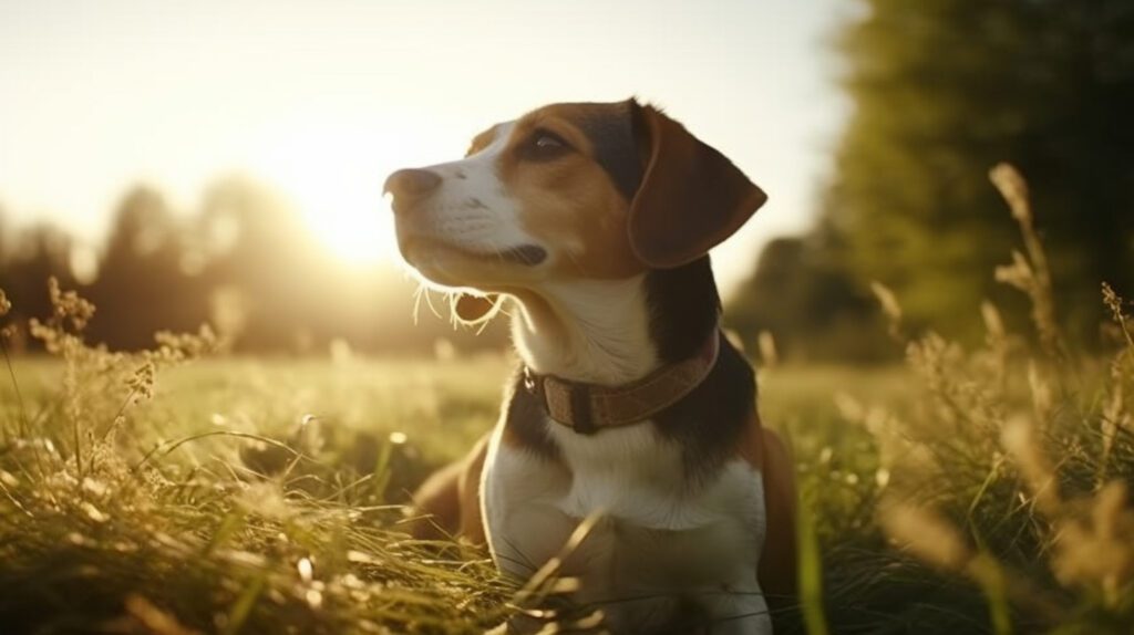 very stunning photo of a beagle in the grass with sun shining