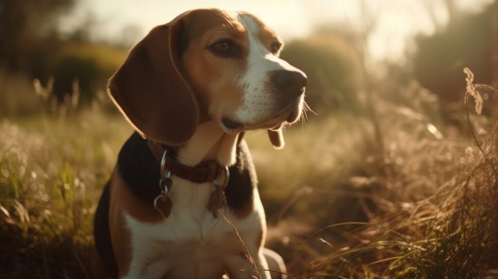 stunning image of a beagle sitting in the grass with an aesthetic wash to make the photo timeless