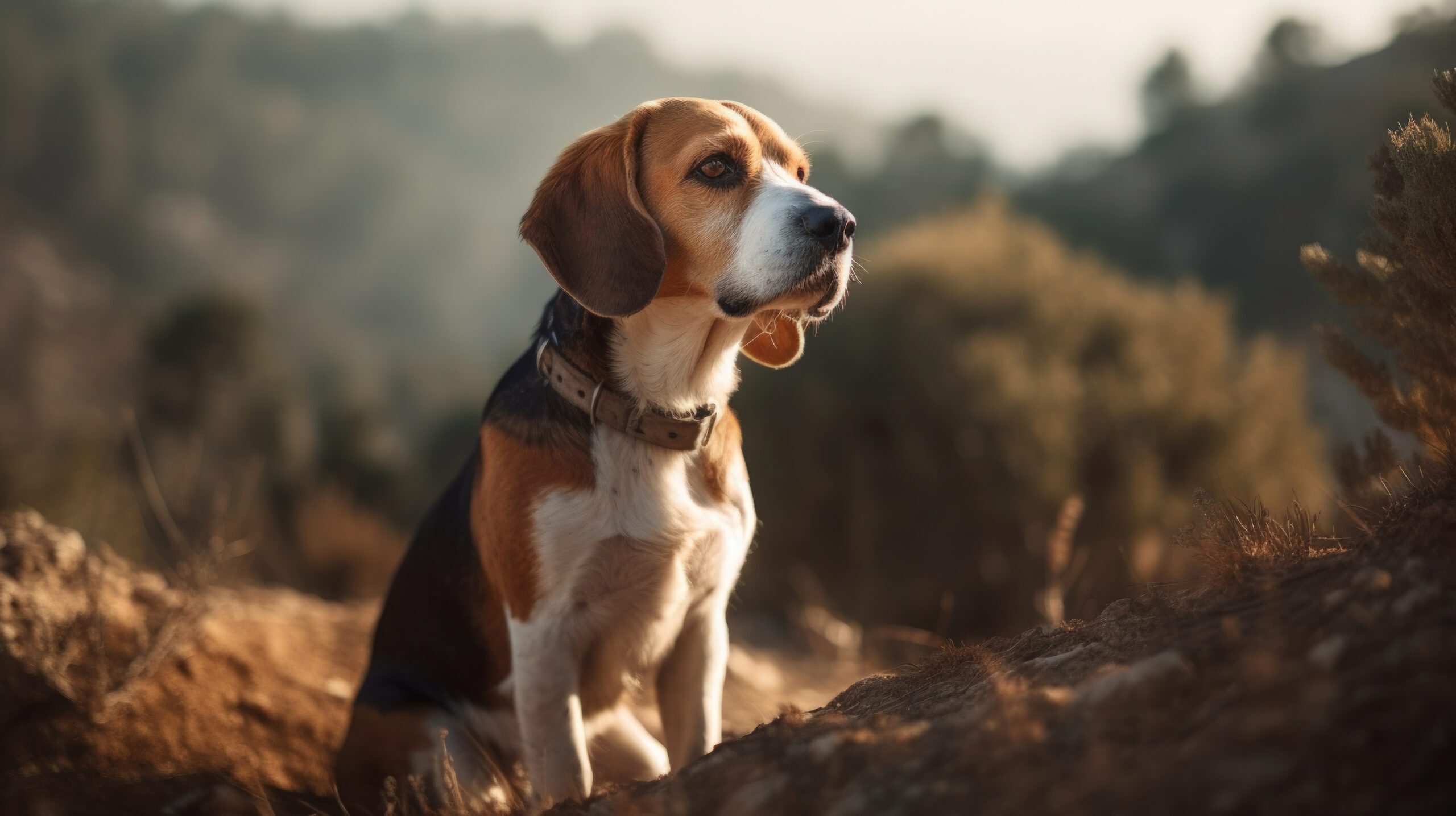 stunning hd wallpaper image of a beagle up on a mountain with a scenic background and sun shining