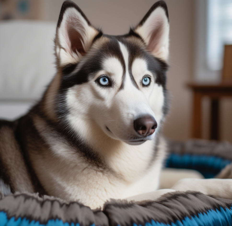 beautiful blue eyed husky pictured laying in a dog bed