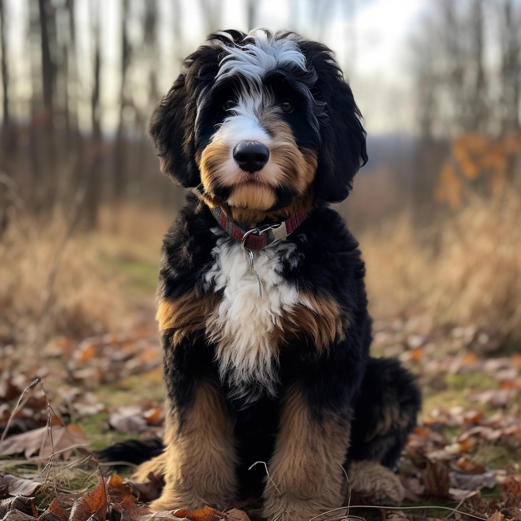 Bernedoodle dog sitting in the woods