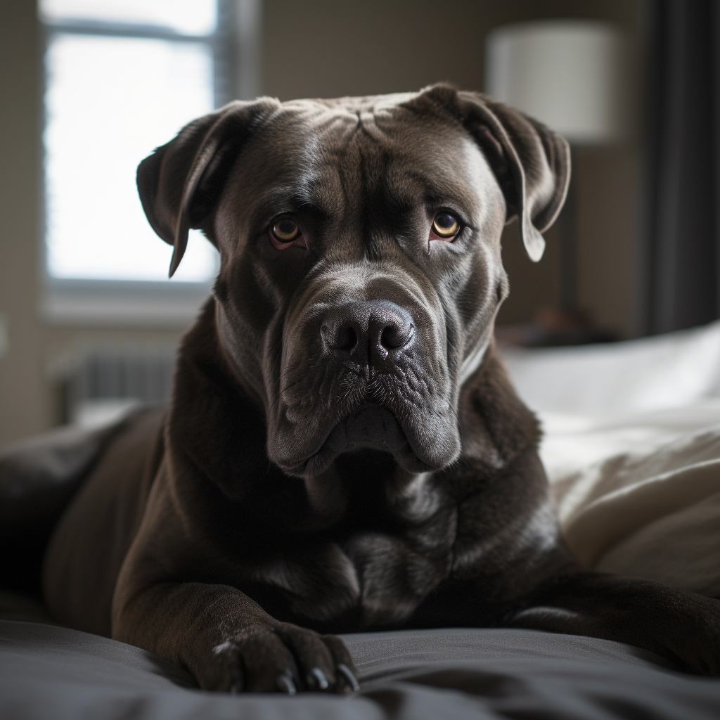 picture of a majestic cane corso dog laying on the bed