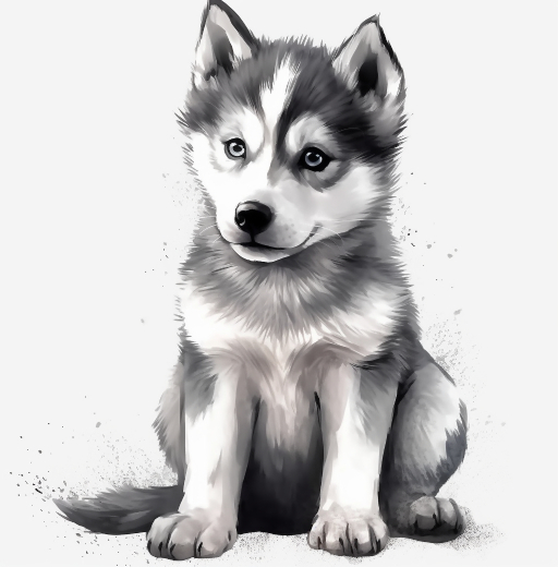 illustration of a husky puppy in black and white on solid background