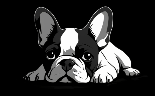 black and white clipart of a french bulldog puppy laying down, simple and clean with black background