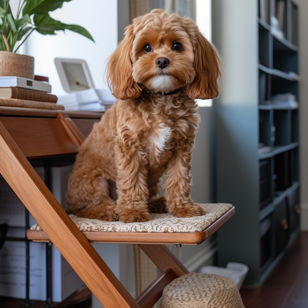 an adult cavapoo dog sitting on a chair