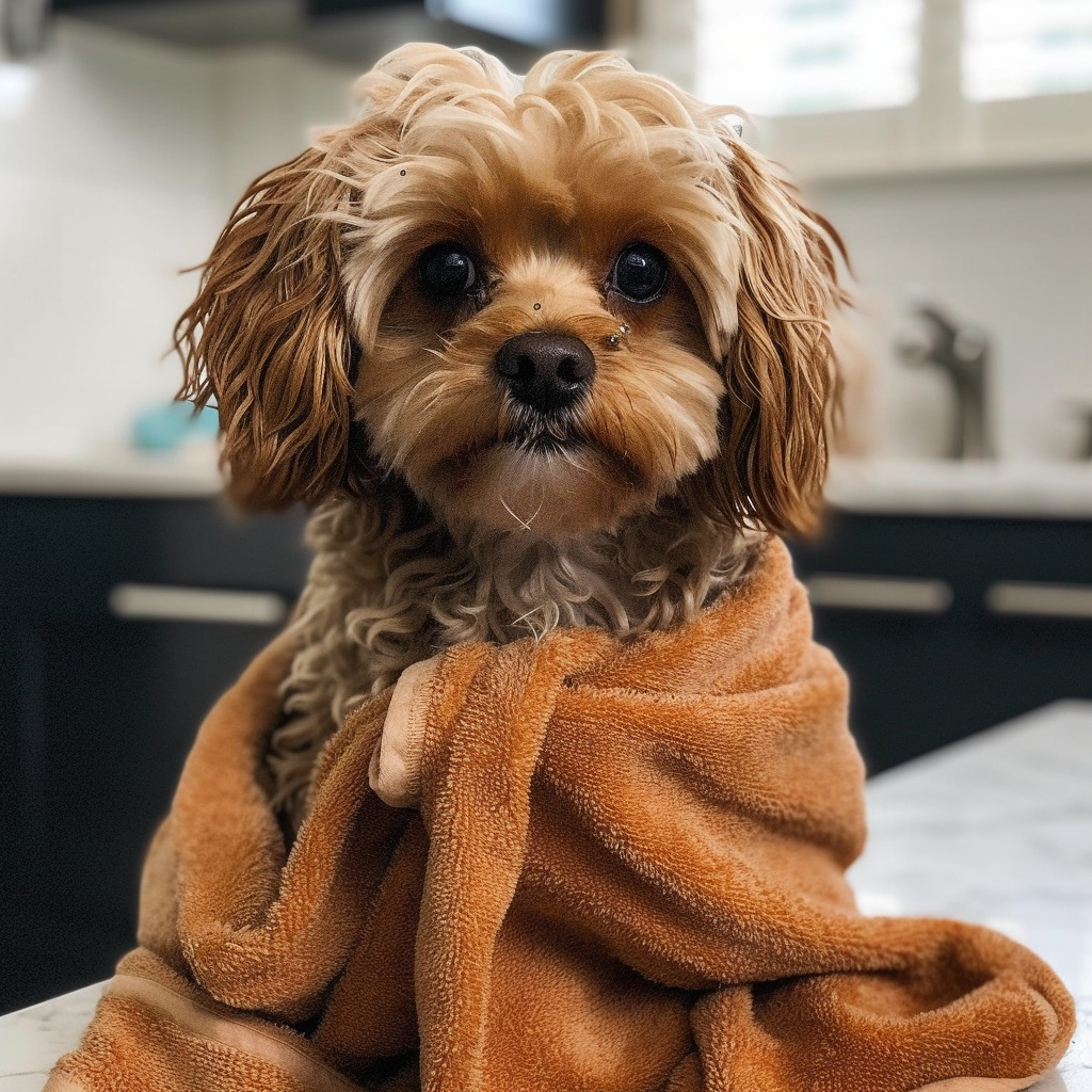 cavapoo puppy getting dried off with a towel after a bath