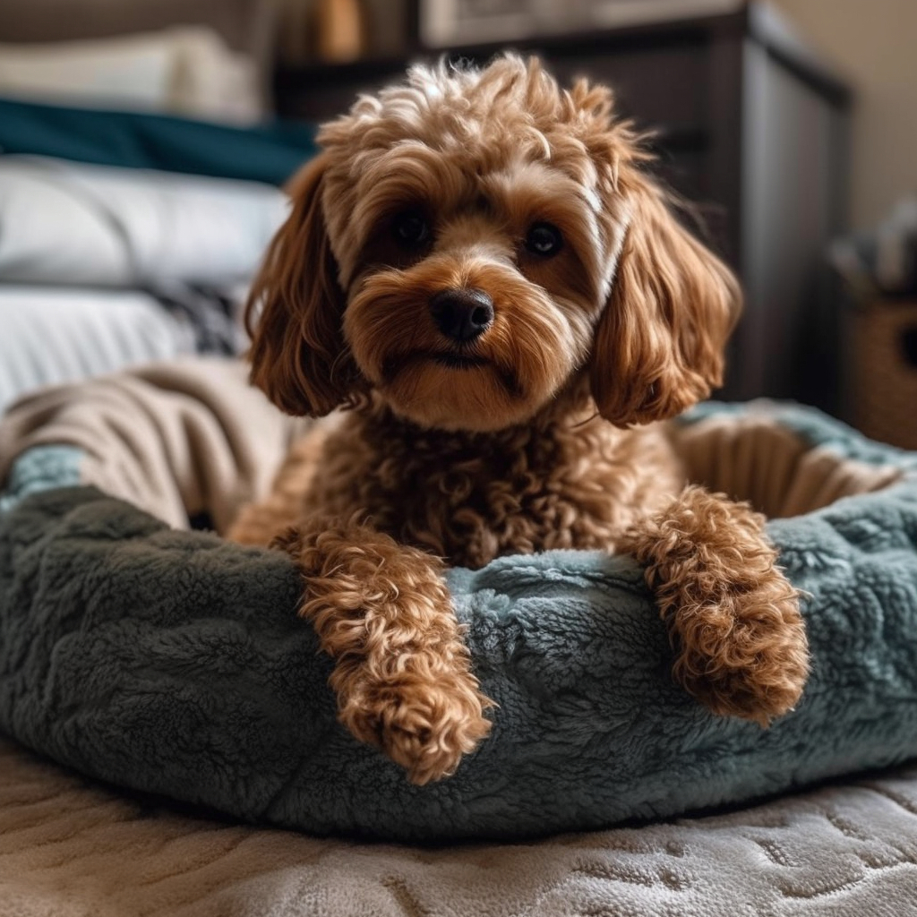 a curly haired cavapoo laying in its dog bed