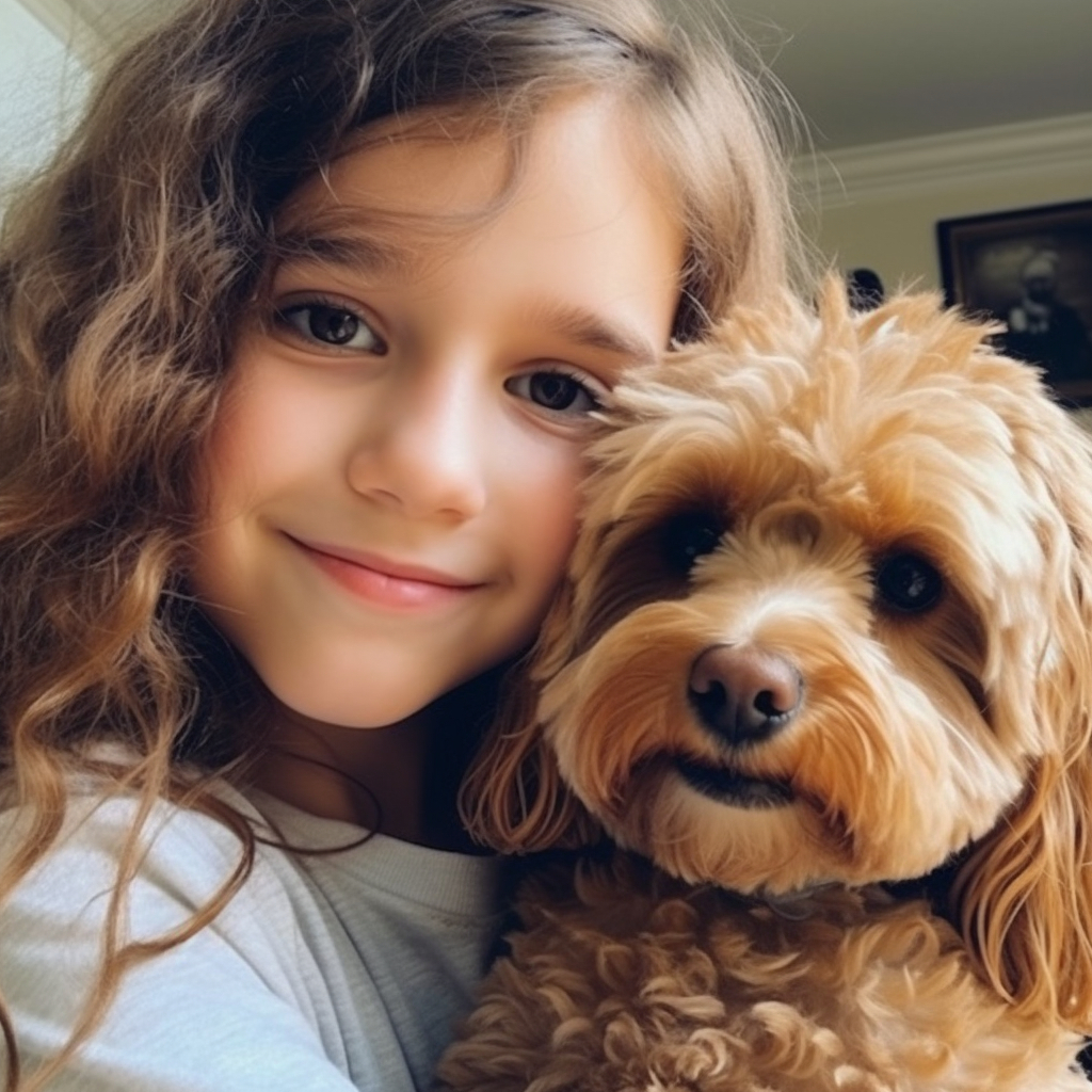 new cavapoo puppy being hugged by a young girl