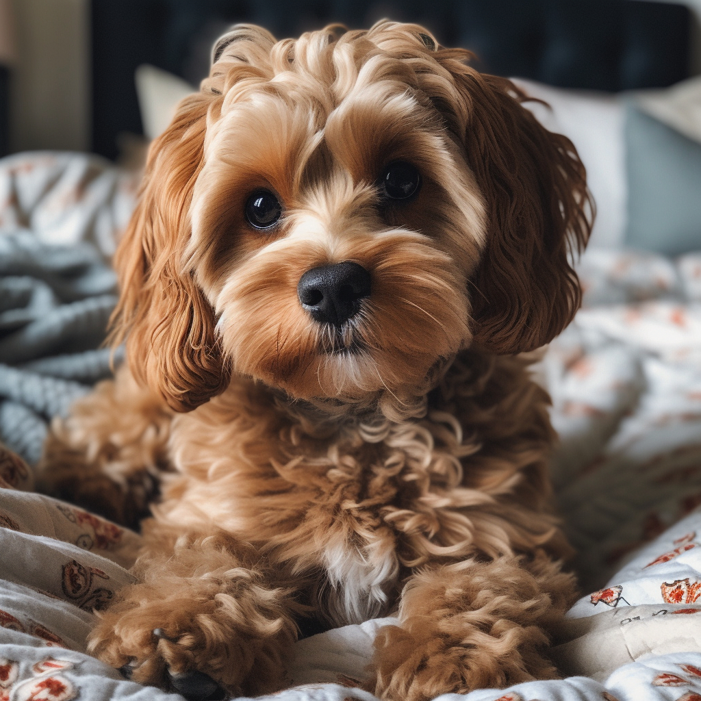 adorable cavapoo designer dog breed laying on the bed