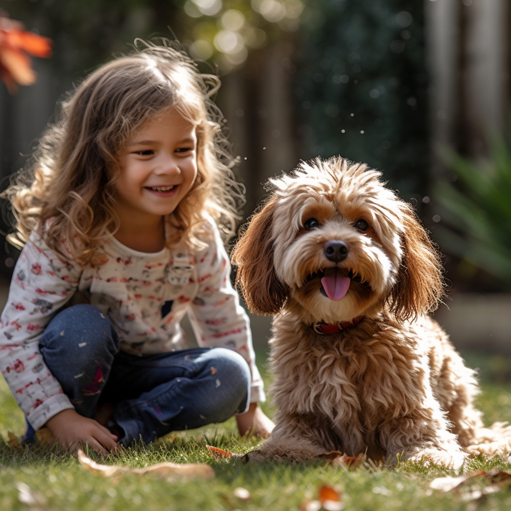 cavapoo playing in the backyard with a child