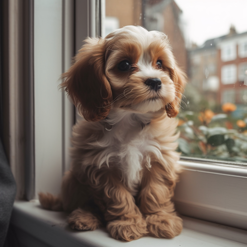 super cute cavapoo puppy sitting on the window sill looking out the window