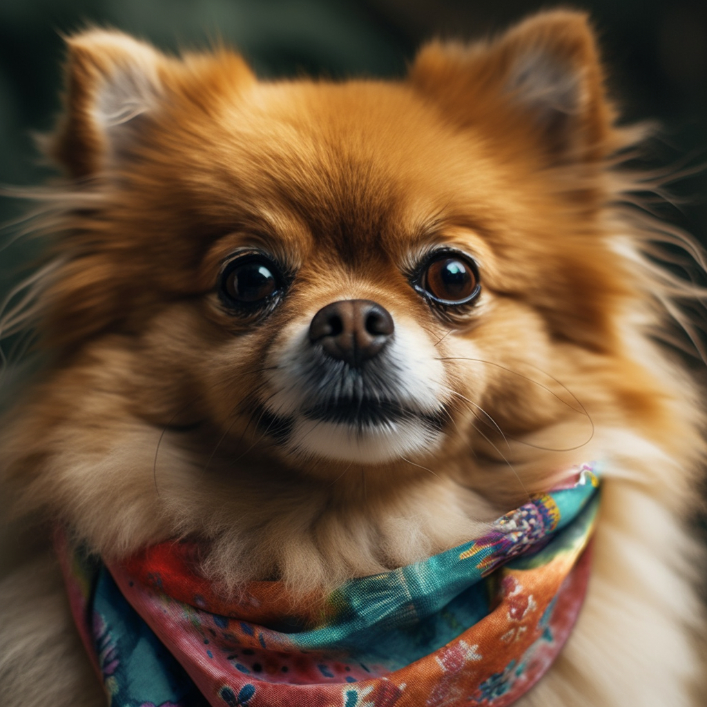 closeup photo of a Pomeranian wearing a colored bandana scarf