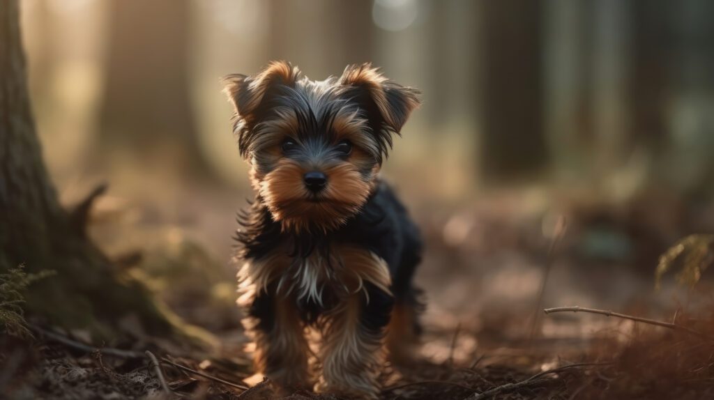 stunning image of a Yorkshire Terrier standing next to a tree