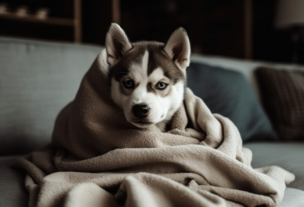 cute husky puppy wallpaper snuggled up in a blanket