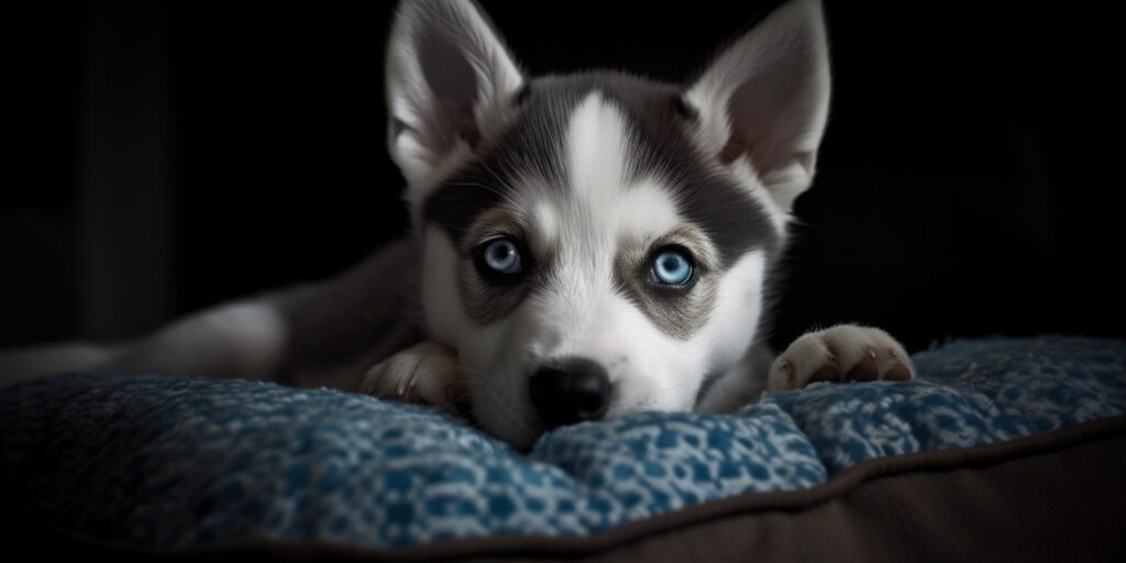 blue eyed siberian husky puppy laying on a blue dog bed, closeup image