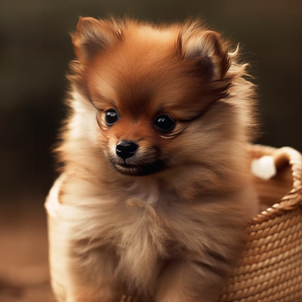 Cute pomeranian toy dog breed in basket