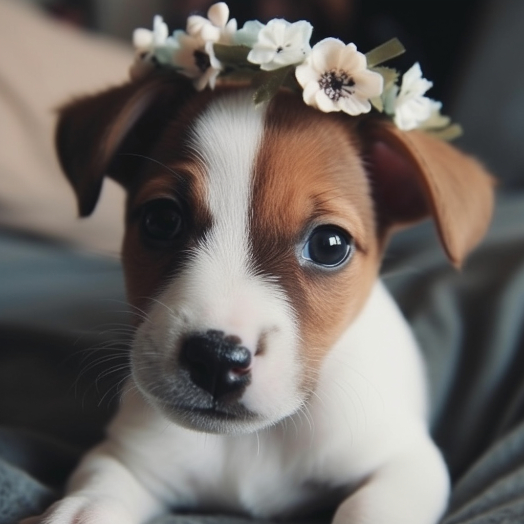 cute puppies taking their picture with flowers on their head