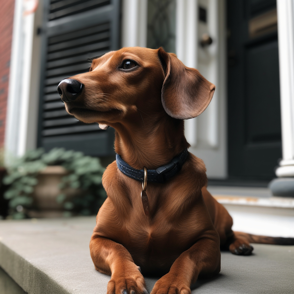 Dachshund dog sitting on the front step