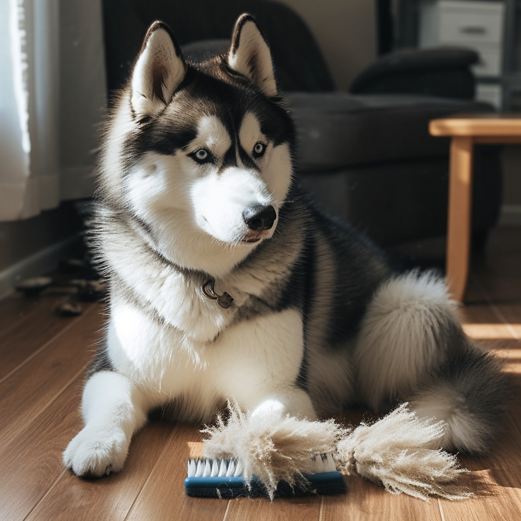 husky deshedding - with a brush and fur on the ground