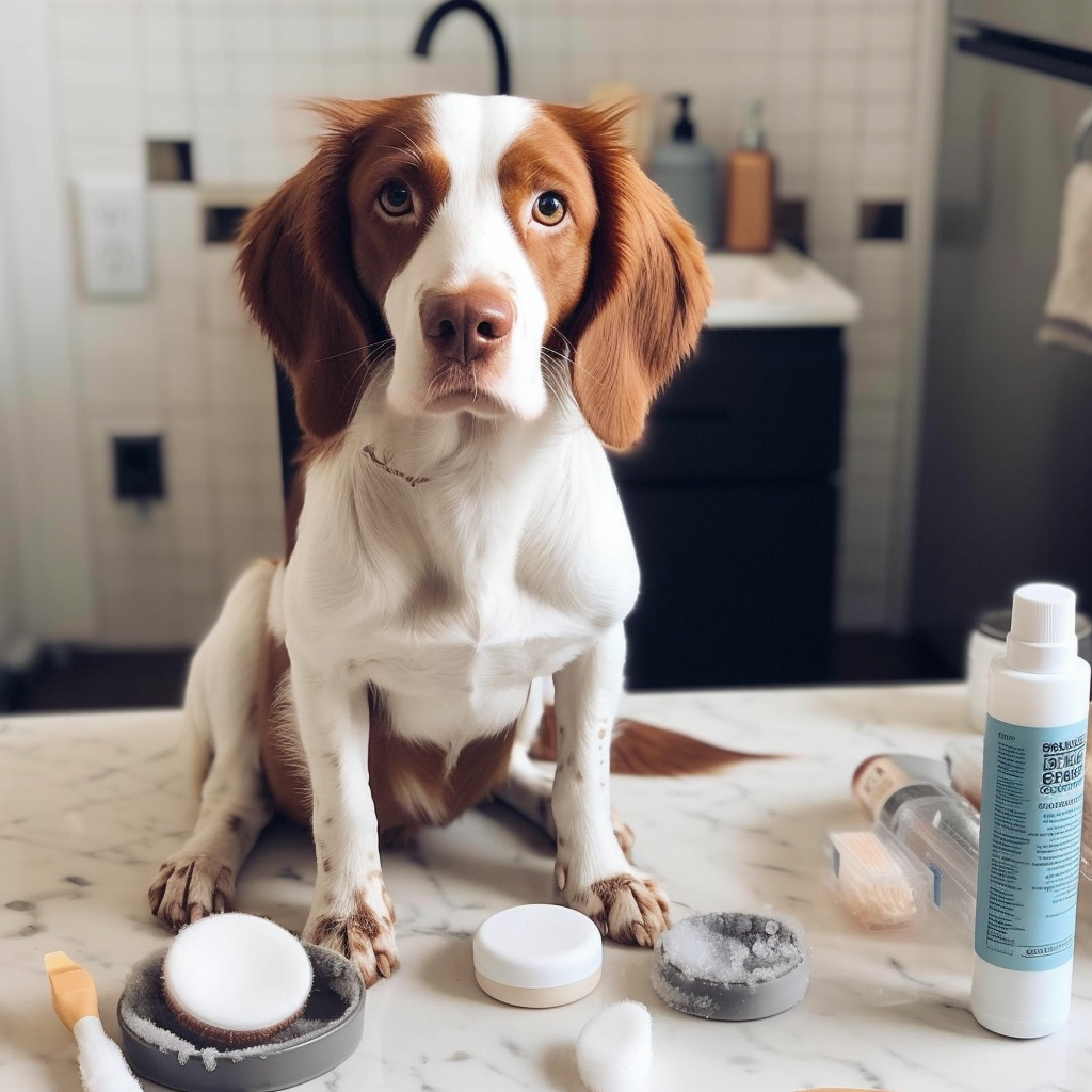 a dog sitting next to a variety of ear cleaning products