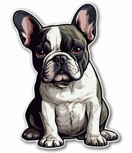 detailed clipart sticker of a black and white frenchie sitting