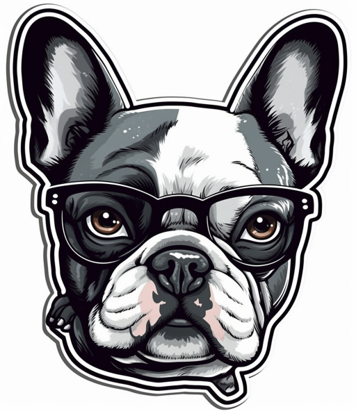 funny french bulldog sticker with glasses on in black and white