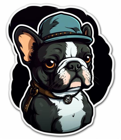 black and white french bulldog cartoon graphic with a funny hat and collar