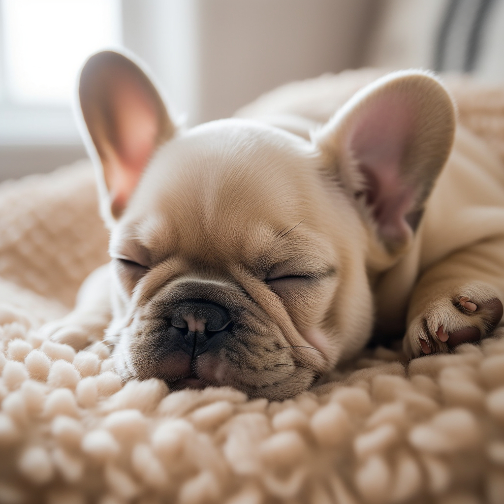 cute french bulldog puppy sleeping on a comfortable blanket