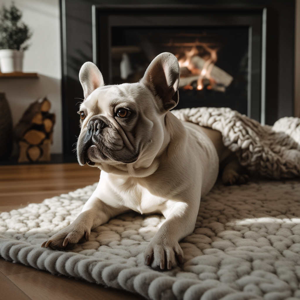 french bulldog laying on a rug in front of the fireplace