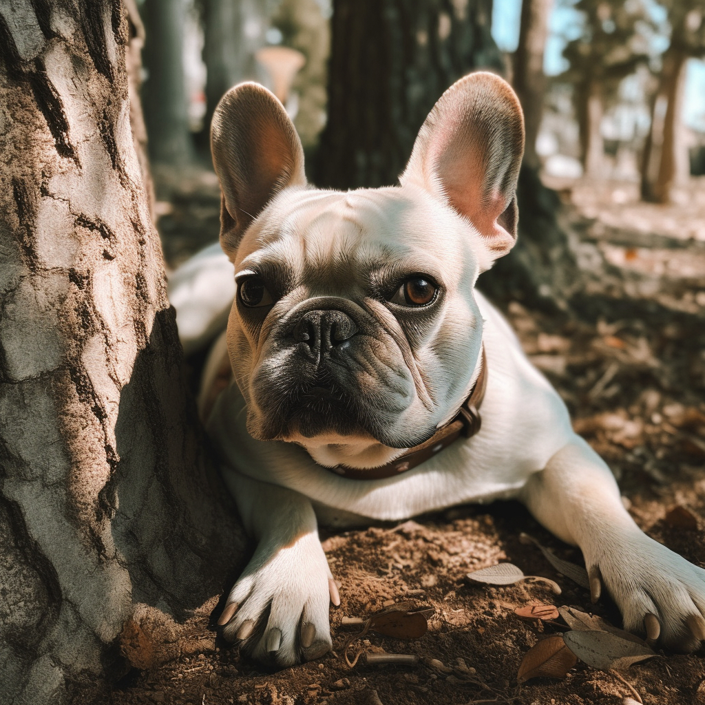 a white french bulldog laying down by an aging tree