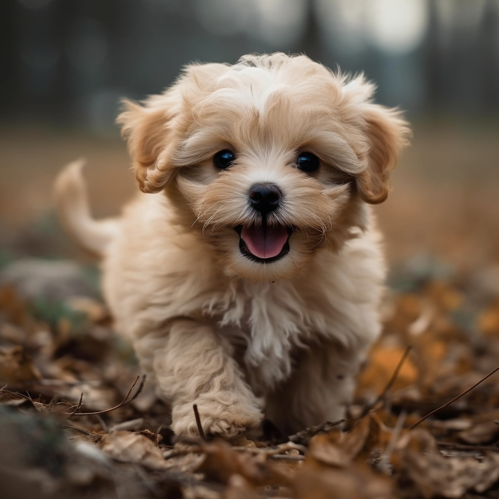 adorable puppy image running through the leaves in the yard