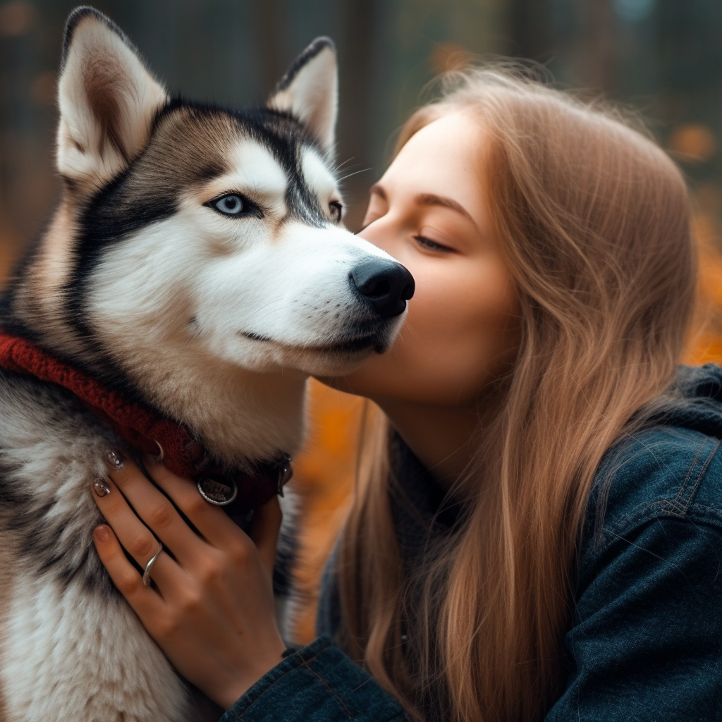 girl kissing her well groomed husky