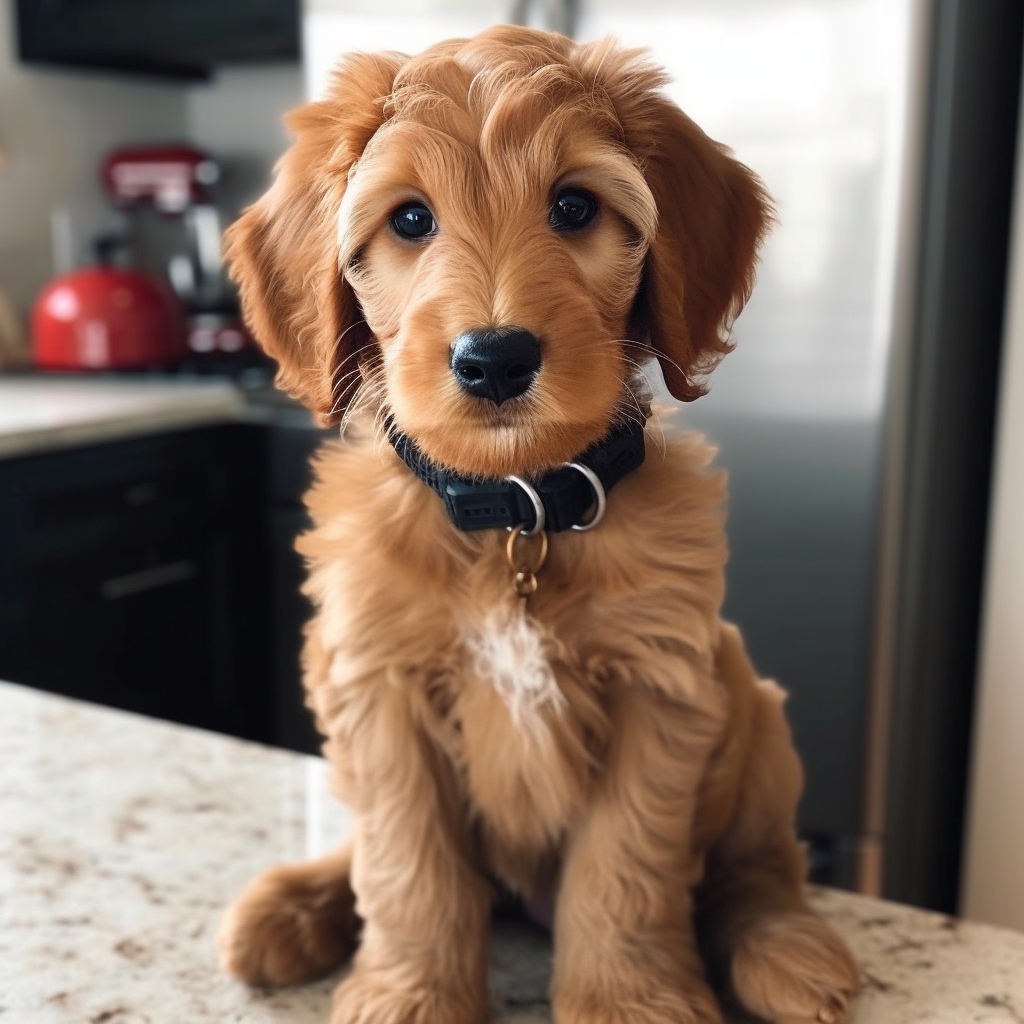 a brown goldendoodle puppy sitting on the counter