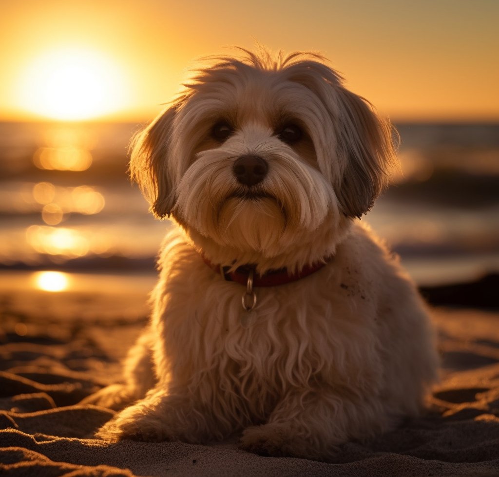 havanese dog sitting on the beach during sunset