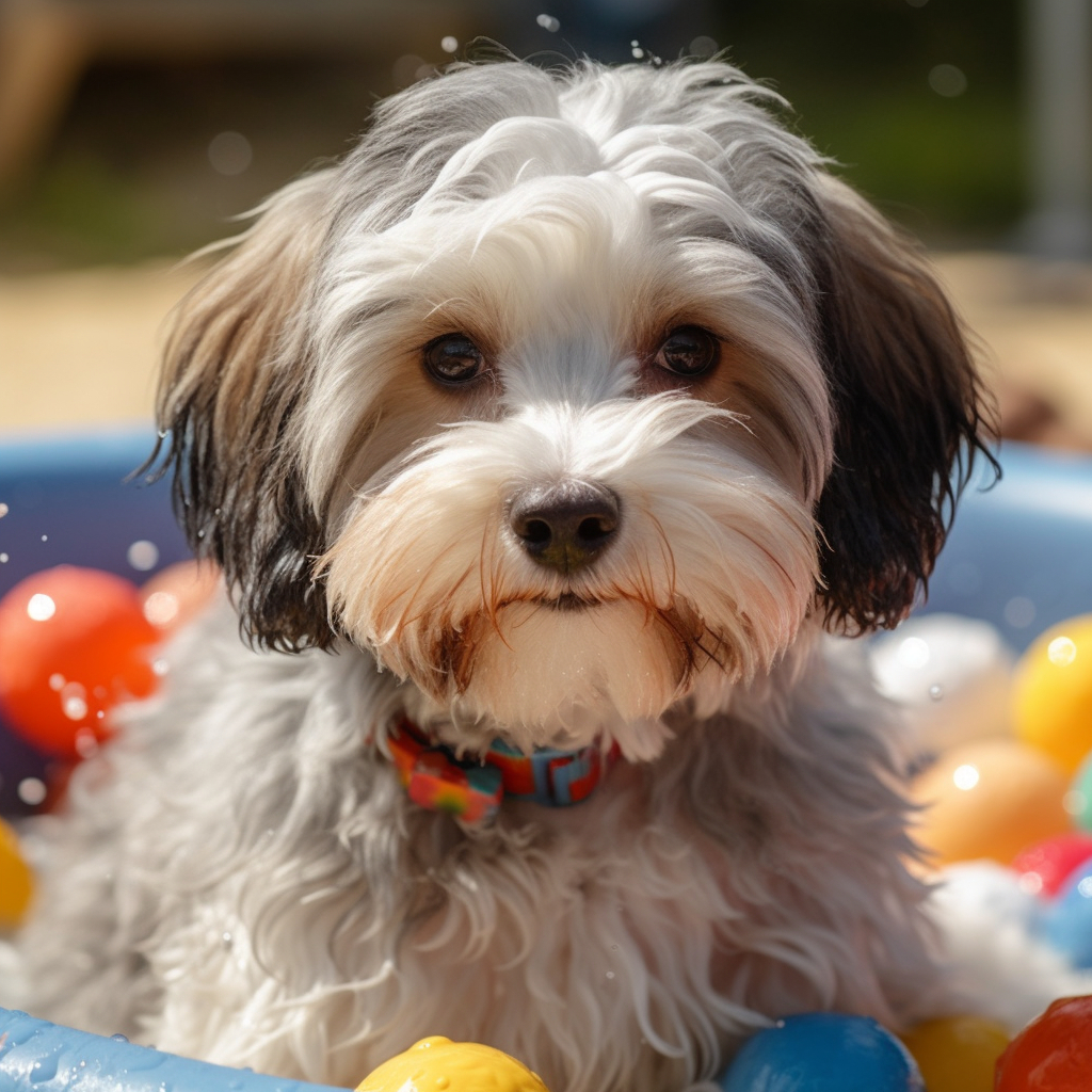 an adult havanese dog playing in a swimming pool full of toy balls