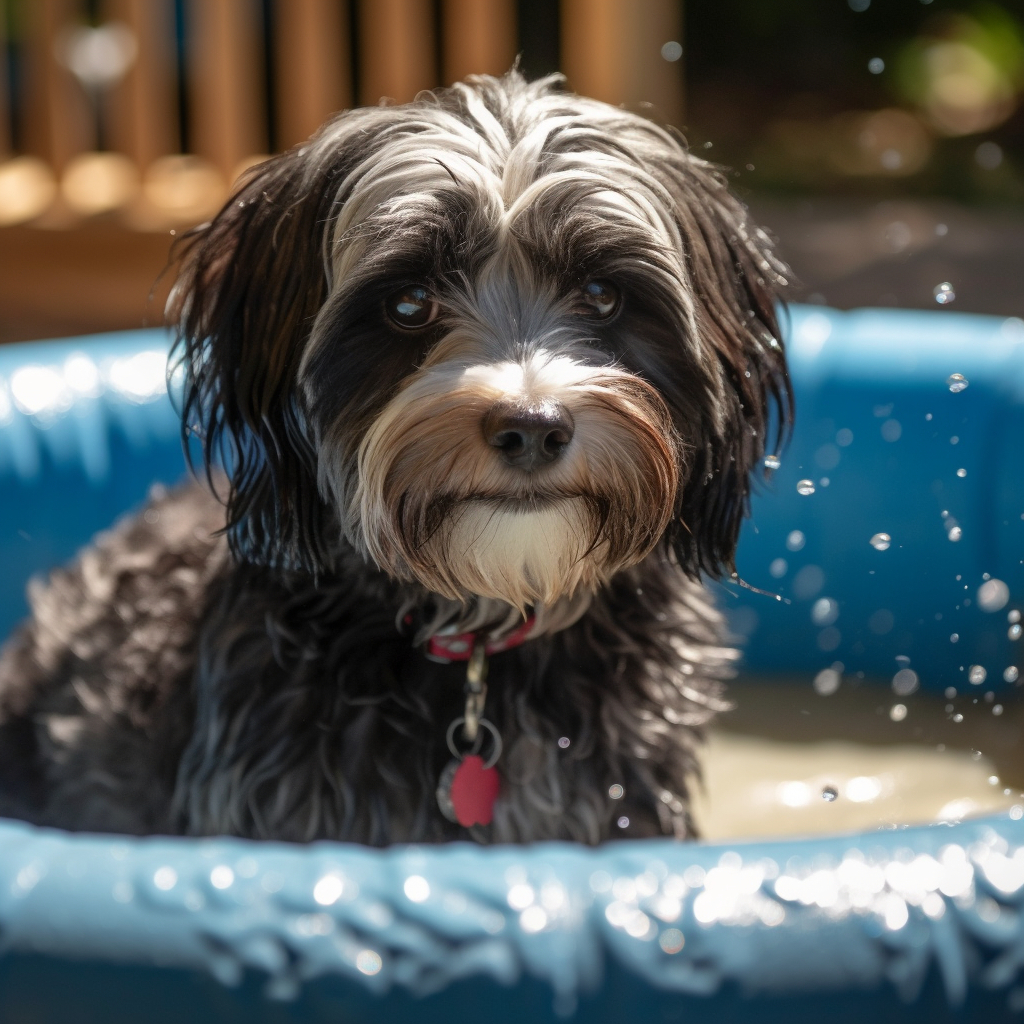 funny picture of a black Havanese dog soaking wet in a kids swimming pool