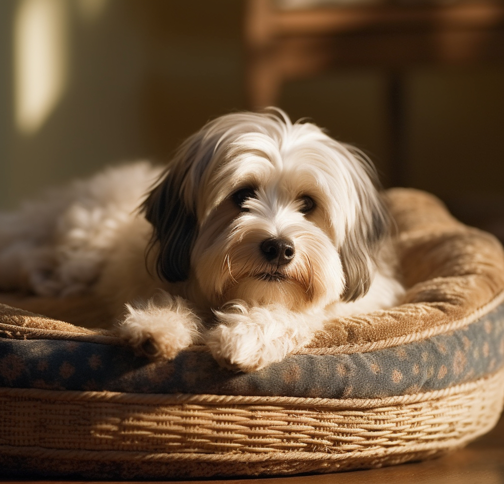 Havanese laying in a brown dog bed