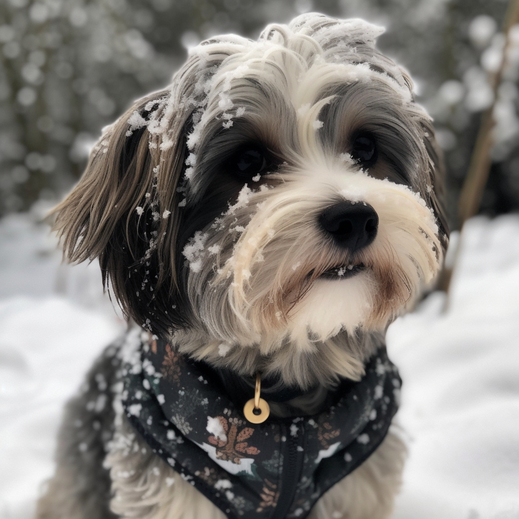 photo of a havanese dog playing in the snow, with a snow covered head