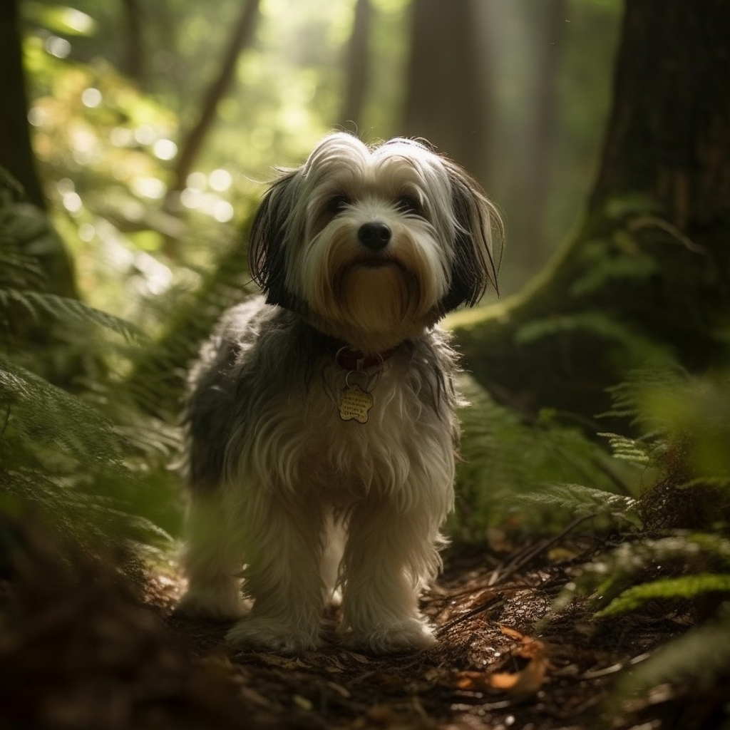 Havanese dog standing on a dirt path in the woods