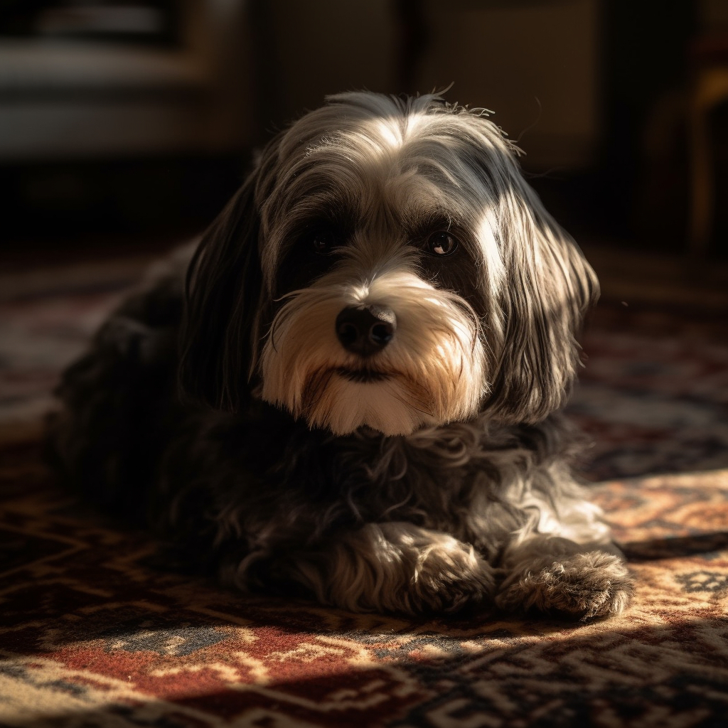 a black havanese dog laying on the carpet