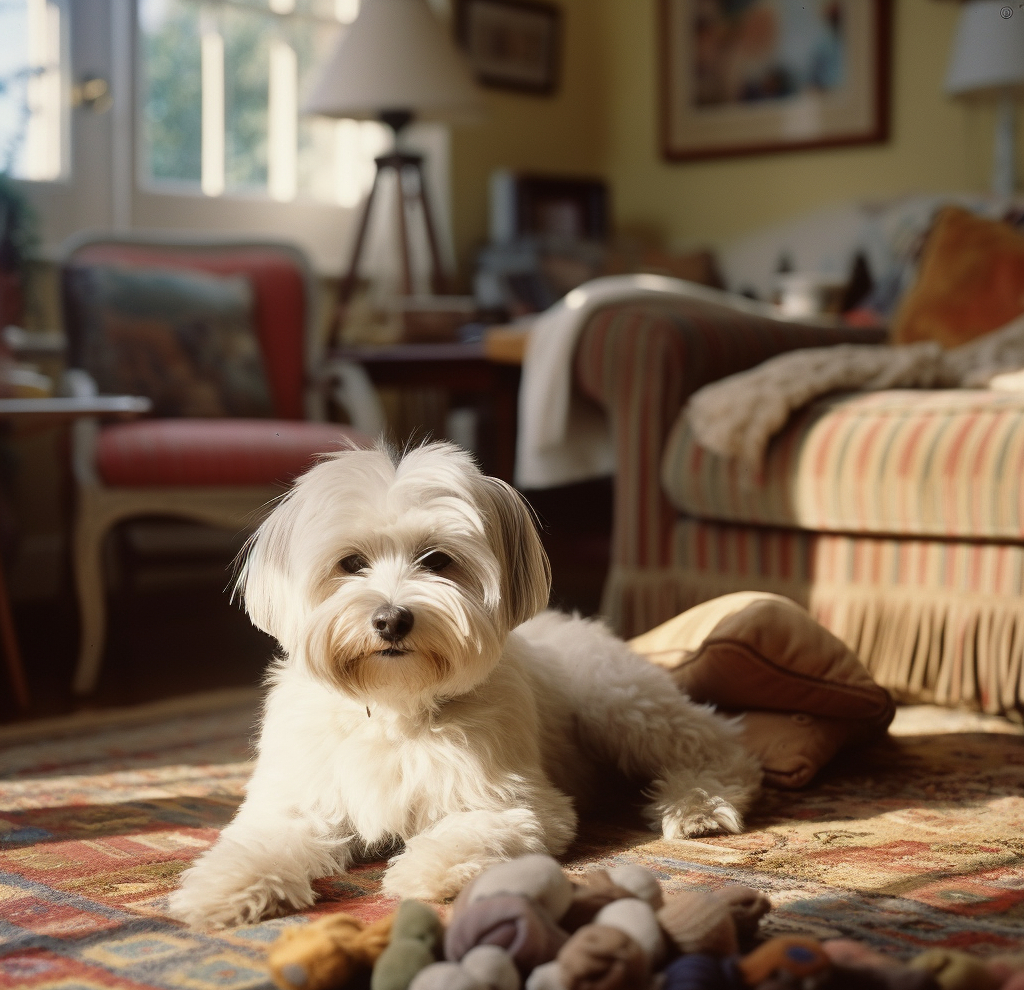 photo of a havanese laying on the living room floor with toys spread out in front of him
